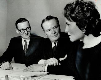 Ed Maynerick, Eldon Woolliams, Margaret Anne Higgins, Chairman, secretary of Toronto Young PCs chat with Alberta MP Woolliams