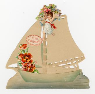 This card is shaped like a sailboat. There are flowers at one end of the boat and a cherub at t…