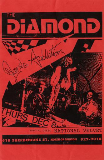 A poster promoting a concert by the rock groups Jane's Addiction and National Velvet at a venue…